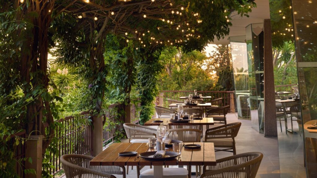 Beleuchtete Restaurantterrasse mit Lichterketten, grünen Pflanzen und eingedeckten Holztischen.
